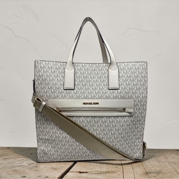 Michael Kors Handbags - Michael Kors Kenly Large North South (NS) Logo Tote Bag - Light Cream Multi